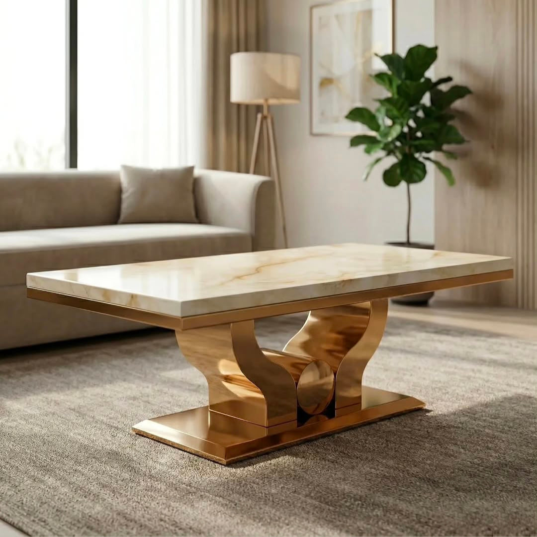 A modern rectangular coffee table with a polished cream marble top and a sculptural metallic gold base, set in a contemporary living room with a sofa, floor lamp, and potted plant.